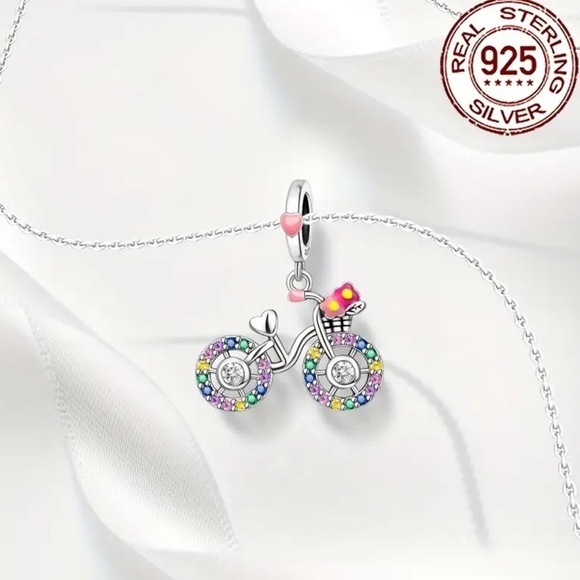 925 Sterling Silver & Colorful Cubic Zirconia Bicycle Charm/Pendant - NWT - Picture 2 of 7
